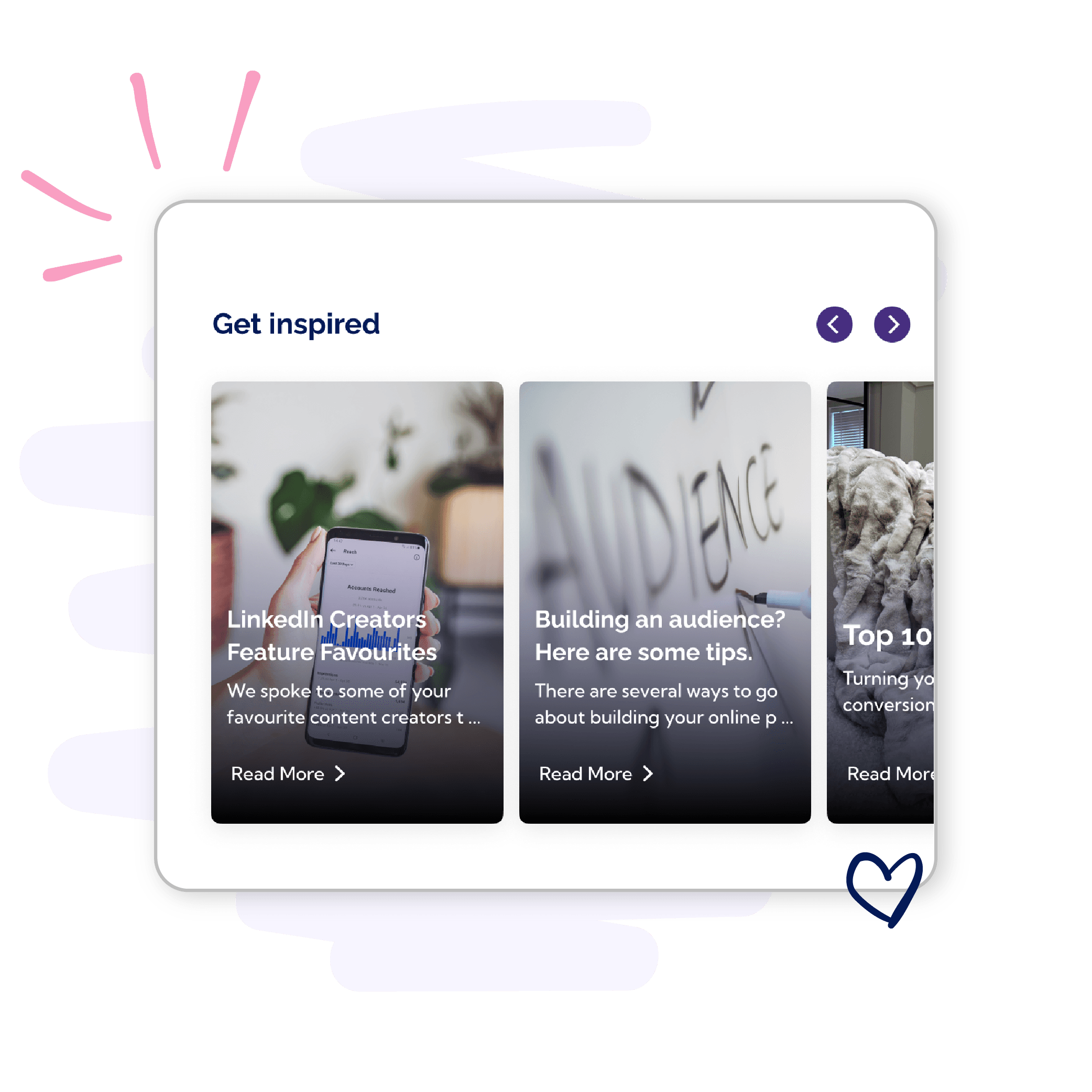Vulse platform highlights articles that may inform your content creation. Section with 2 and 1/2 relevant articles displayed at a time. Scroll option in section.