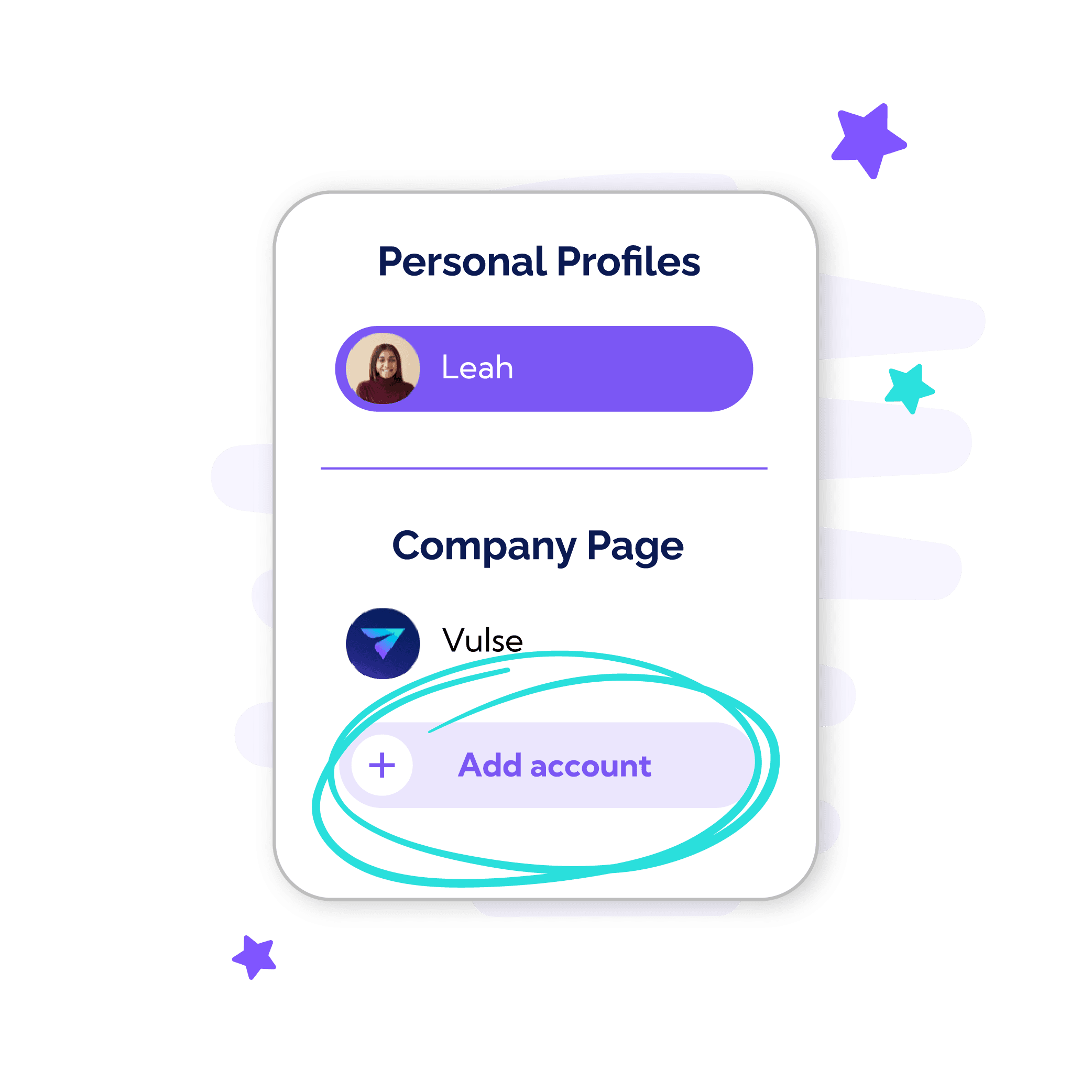 Personal profile and company page section with 'add account' option highlighted.