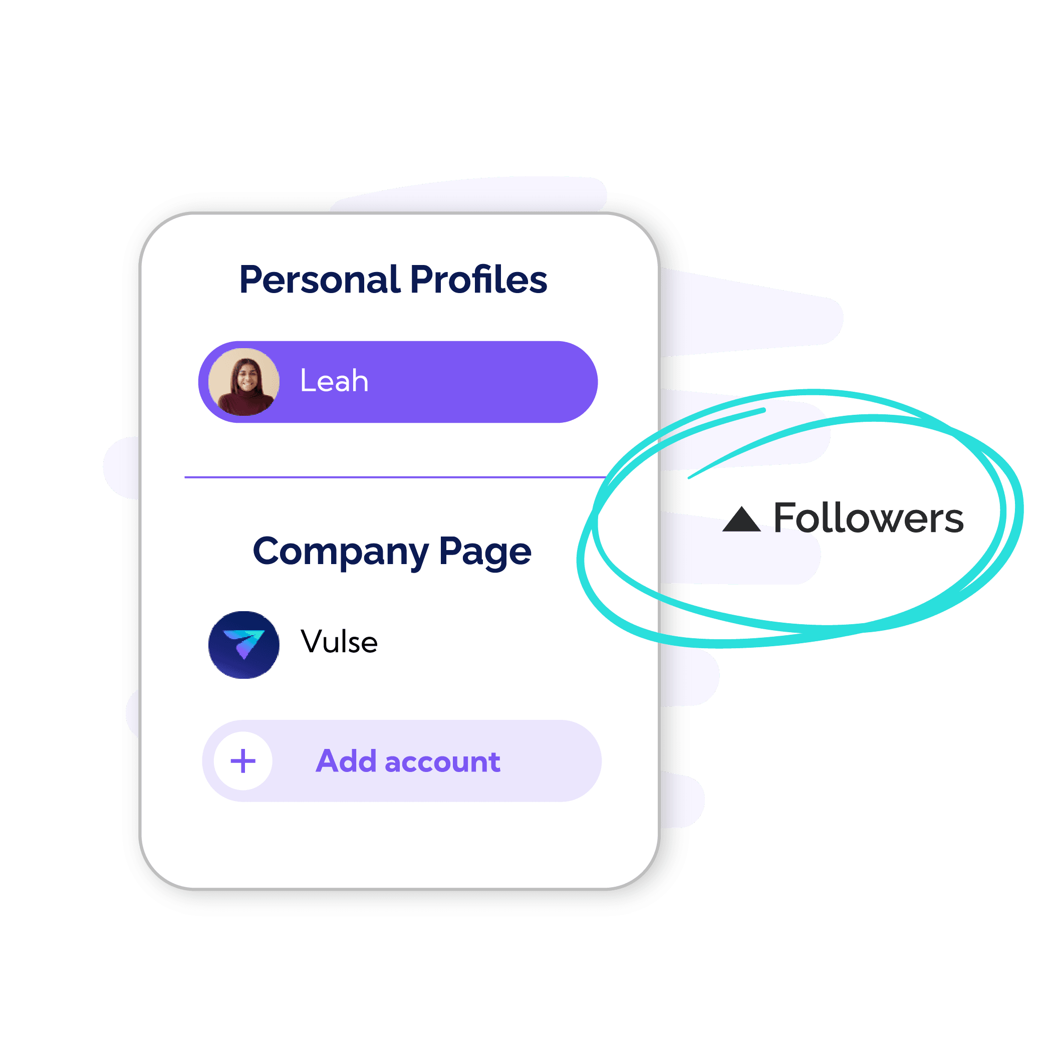 Personal profile and company page displayed in a rounded rectangle. Arrow pointing upwards to display positive growth of follower count on right side.